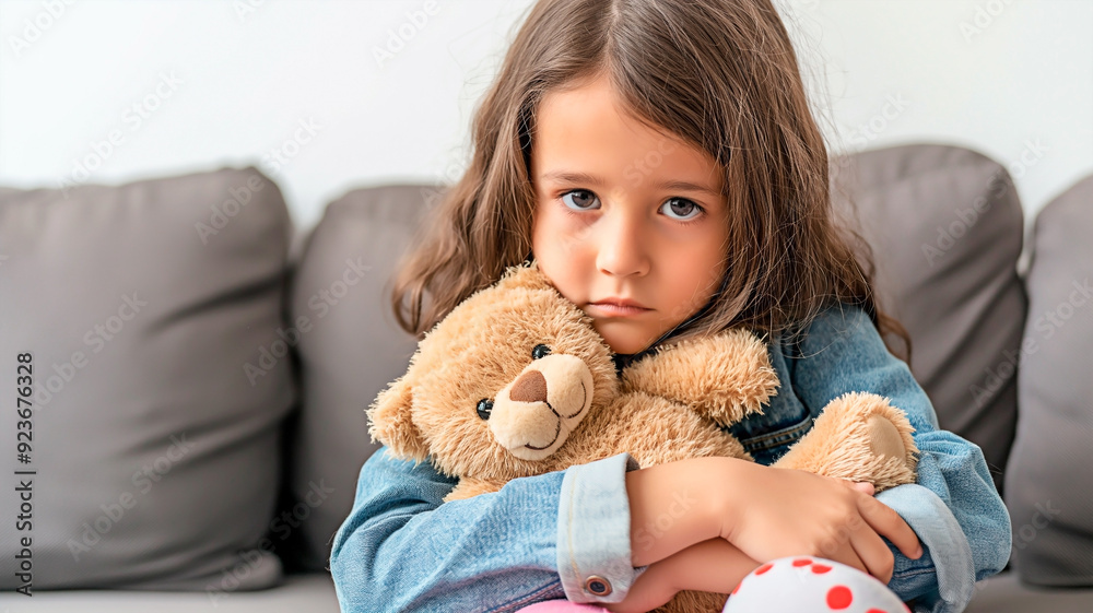 Lonely little girl seeking comfort with teddy bear on sofa. Sad girl embracing teddy bear. Lonely little girl seeking comfort with teddy bear on sofa. Sad girl embracing teddy bear.