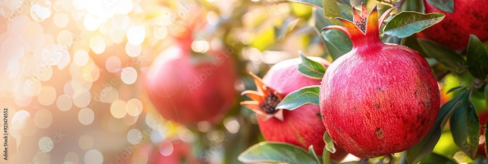 Juicy organic pomegranates suspended on tree branches, perfect for picking. Juicy organic pomegranates suspended on tree branches, perfect for picking.