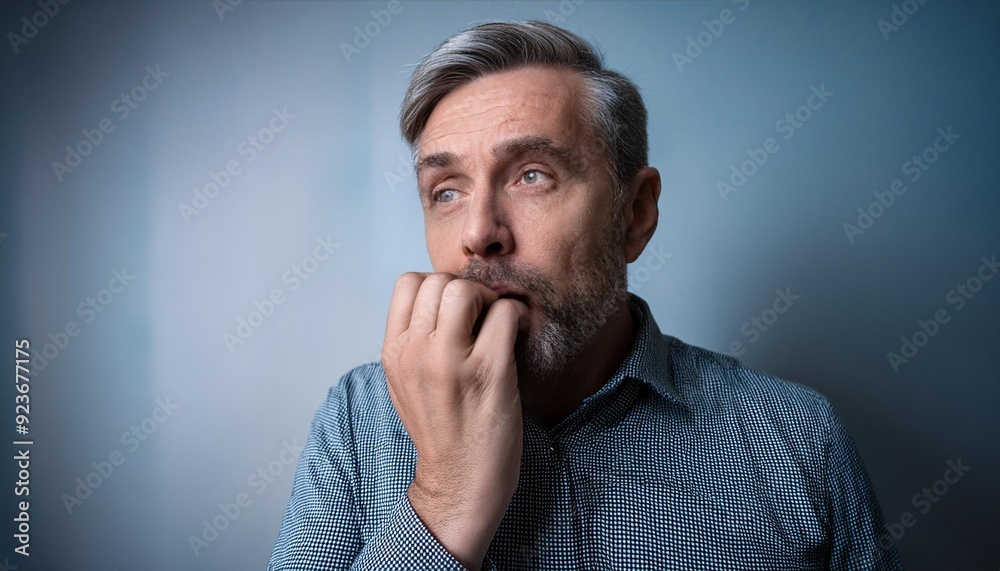 Concerned stressed man bites nails for fear of something feels embarrassed while t, generative IA Concerned stressed man bites nails for fear of something feels embarrassed while t, generative IA