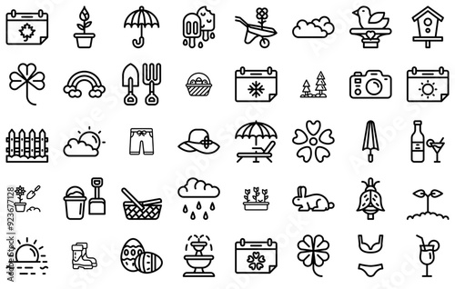 Mega Set Of Vector Season Related Spring Summer Autumn Winter Icons Silhouette Vector Logo Design Containing Weather,Spring,Garden,Decoration,Flower Stroke Icon Collection. Vector Illustration