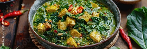 Traditional Indonesian Sayur Bobor with Spinach, Tempeh, Chayote, and Coconut Milk photo