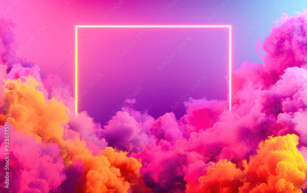 Fototapeta premium A vibrant neon rectangular frame floating against a colorful background of purple, pink, and yellow clouds, creating a dreamy and futuristic atmosphere.
