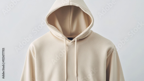 Beige hoodie template with a long-sleeve sweatshirt, featuring a clipping path. Ideal for design mockups and print, isolated on a white background.