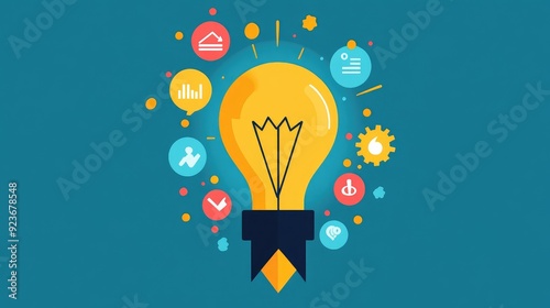 Bright idea with upward arrow, representing insight and growth, flat design illustration