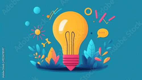 Bright idea with upward arrow, representing insight and growth, flat design illustration