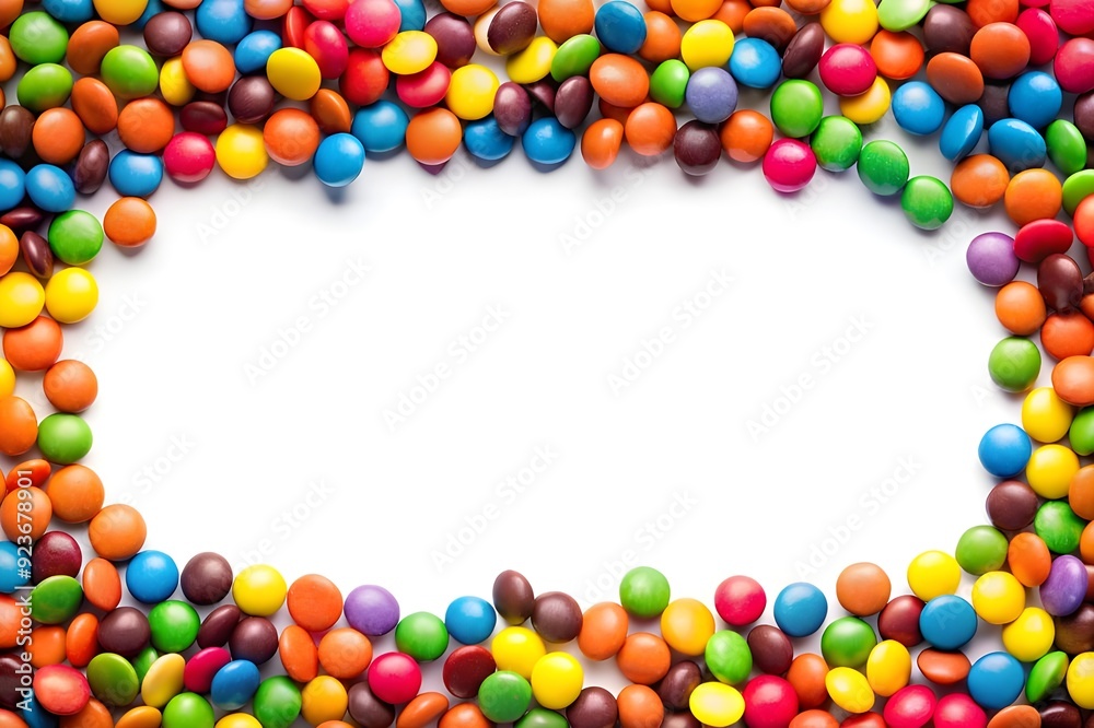 Frame of colorful chocolate candy on white background with space for text Frame of colorful chocolate candy on white background with space for text