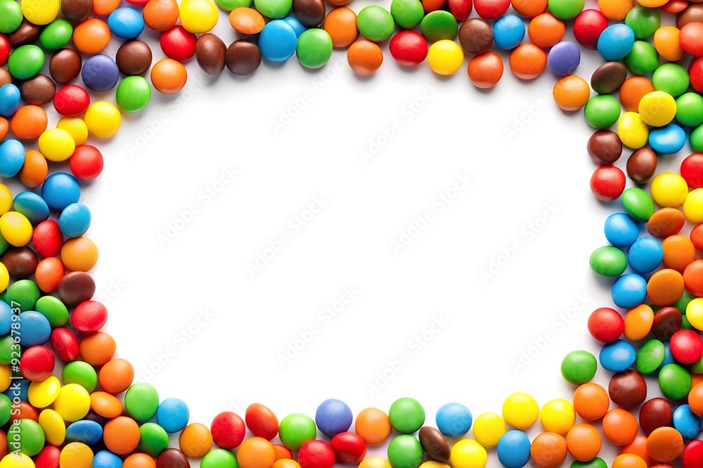 Frame of colorful chocolate candy on white background with space for text Frame of colorful chocolate candy on white background with space for text
