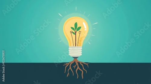 Bright light bulb with roots, ideas taking root and growing, flat design illustration
