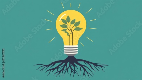 Bright light bulb with roots, ideas taking root and growing, flat design illustration