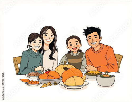 a hand drawing of a family that is gathered and sitting on a thanksgiving dinning table with food