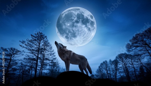 Lone wolf under full moon in mystical forest., generative IA