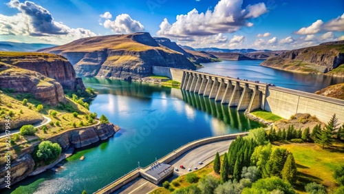 Majestic Grand Coulee Dam spans the Columbia River in Washington State, surrounded by lush greenery and majestic cliffs under a sunny blue sky. photo