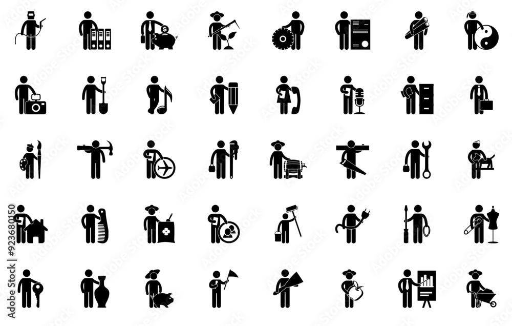 Naklejka premium Set Of People Jobs Occupations Career Icons Silhouette Vector Logo Design Containing Person,Farmer,Worker,Engineer,Man Stroke Icon Collection. Vector Illustration