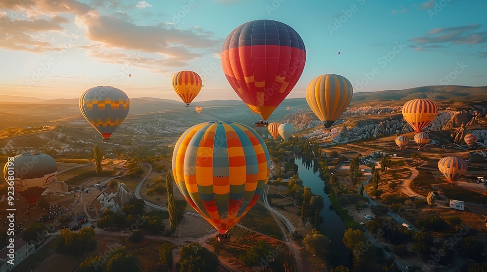 Obraz premium A serene pastel balloon festival with hot air balloons in various shades of pink, blue, yellow, and green, floating over a beautiful landscape under a sunny sky. Wide-angle shot, hd quality,