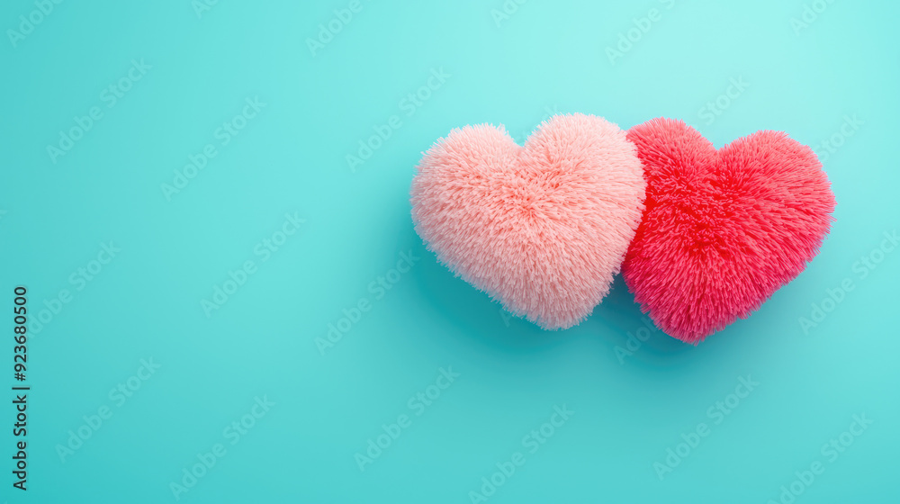 Obraz premium Two fluffy heart shapes in pink and red resting on a bright turquoise background, perfect for love and romance themes.