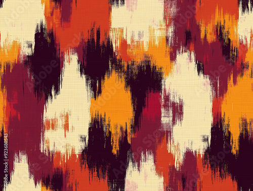 Rich, warm hues with bold, abstract ikat shapes and a textured look, seamless pattern