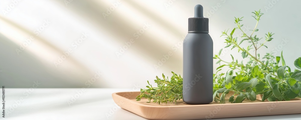 Fototapeta premium Matte grey dropper bottle with a sleek design, placed on a wooden tray with fresh herbs and soft natural light.