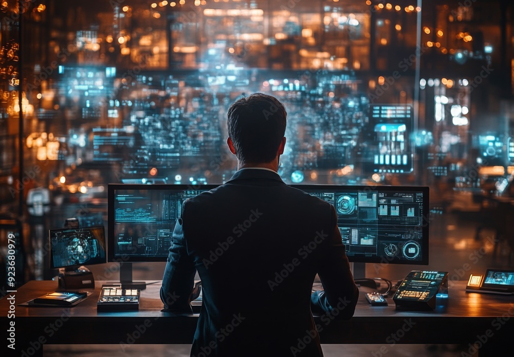 businessman controlling a global network of offices and partners via data streams and holographic interfaces businessman controlling a global network of offices and partners via data streams and holographic interfaces