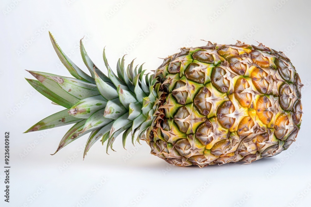 A whole pineapple with a rough, textured skin and green crown, isolated on a pure white background A whole pineapple with a rough, textured skin and green crown, isolated on a pure white background