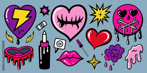 Doodle love grunge rock set, graffiti groovy punk heart vector print kit, emo gothic hand drawn sign. Marker scribble sticker, crayon wax paint collage icon, lips. Romantic Valentine Day heart doodle