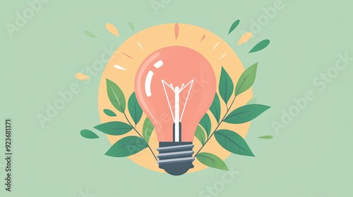 Light bulb with leaves, sustainable growth and ideas, flat design illustration 
