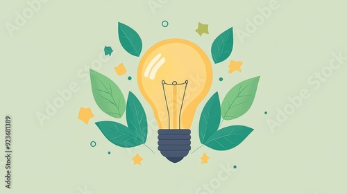 Light bulb with leaves, sustainable growth and ideas, flat design illustration 