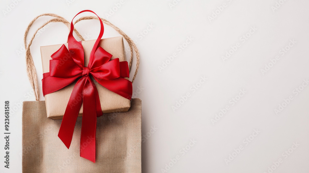 Christmas gift box with a red ribbon inside a shopping bag, isolated on a white background. Christmas gift box with a red ribbon inside a shopping bag, isolated on a white background.