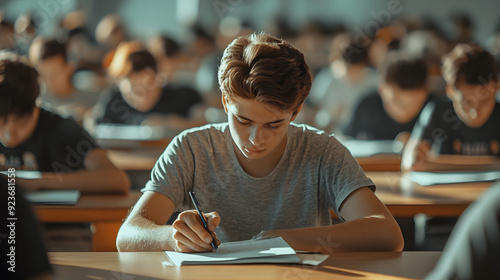Students taking an exam classroom school college examination test children education learning knowledge university study