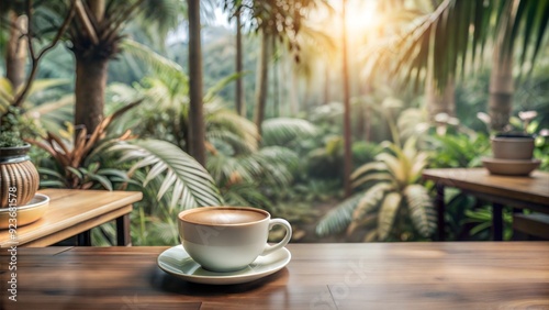 Coffee cup on table of cafe jungle Interior with blurred background