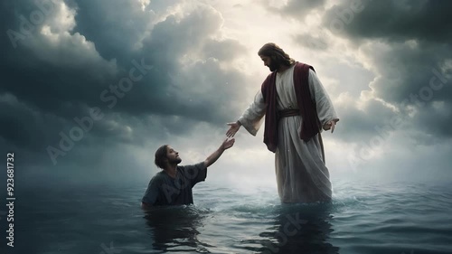 Jesus Christ saves Peter from drowning, christian background, motion loop