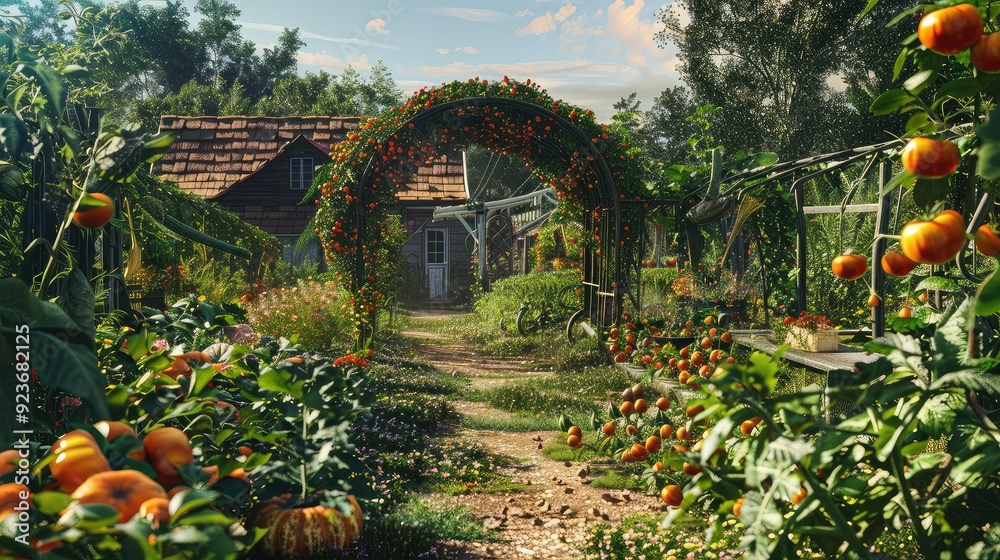 Obraz premium A lush garden path leads to an archway, surrounded by vibrant greenery and ripe pumpkins.
