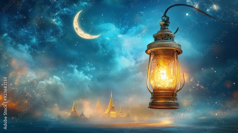 Obraz premium A single lantern rising above an ancient temple, with the moon peeking through clouds