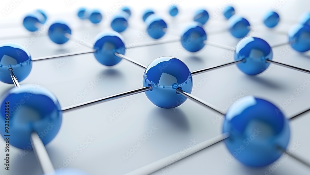 A network of blue spheres connected by silver wires on a white background A network of blue spheres connected by silver wires on a white background