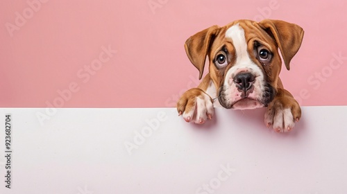 A little puppy is lying on a white board, looking at the viewer.