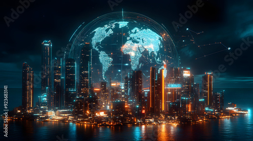 futuristic global cityscape night modern city skyscrapers digital globe connection illustration world map interconnected connectivity big data exchange technology network connection internet cyber