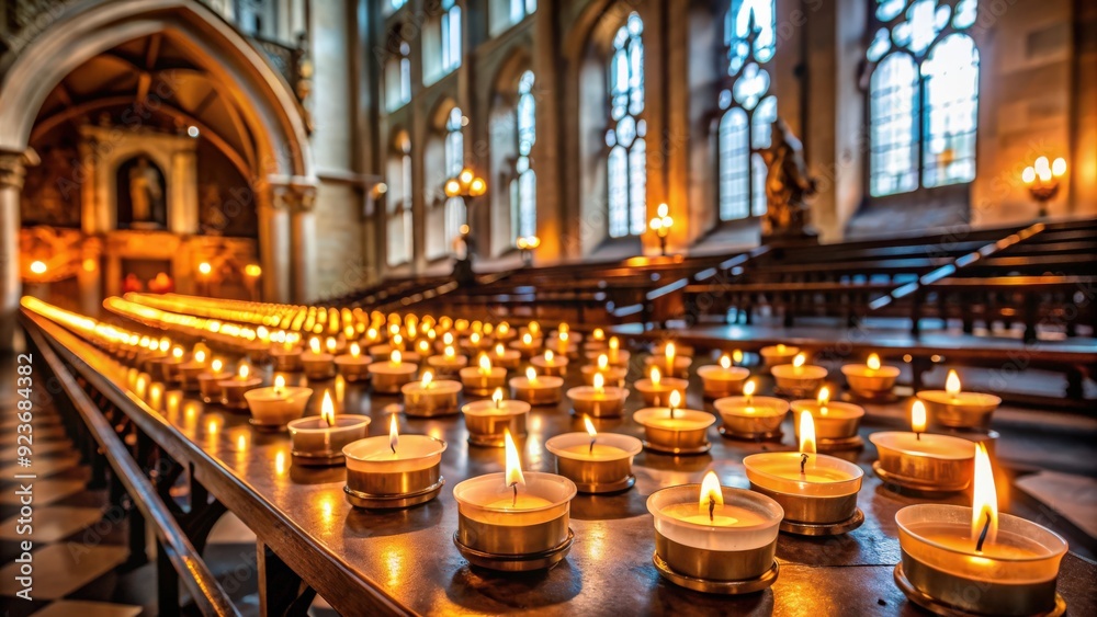 Obraz premium Candles burning in a church , religion, spirituality, worship, holy, sanctuary, candlelight, liturgy, faith, sacred, ceremony