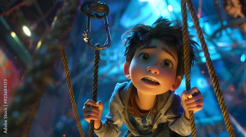Boy Holding onto Ropes, Looking Up. Boy Holding onto Ropes, Looking Up.