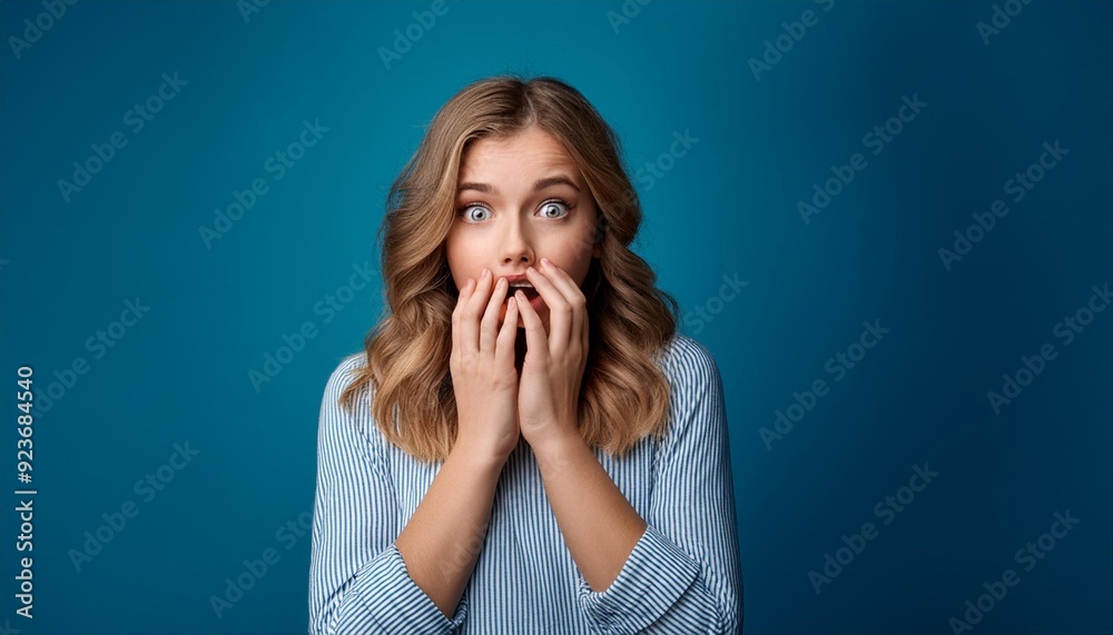 Terrifying girl looks like expression of fear and fear, keeps hands near her mouth, generative IA Terrifying girl looks like expression of fear and fear, keeps hands near her mouth, generative IA