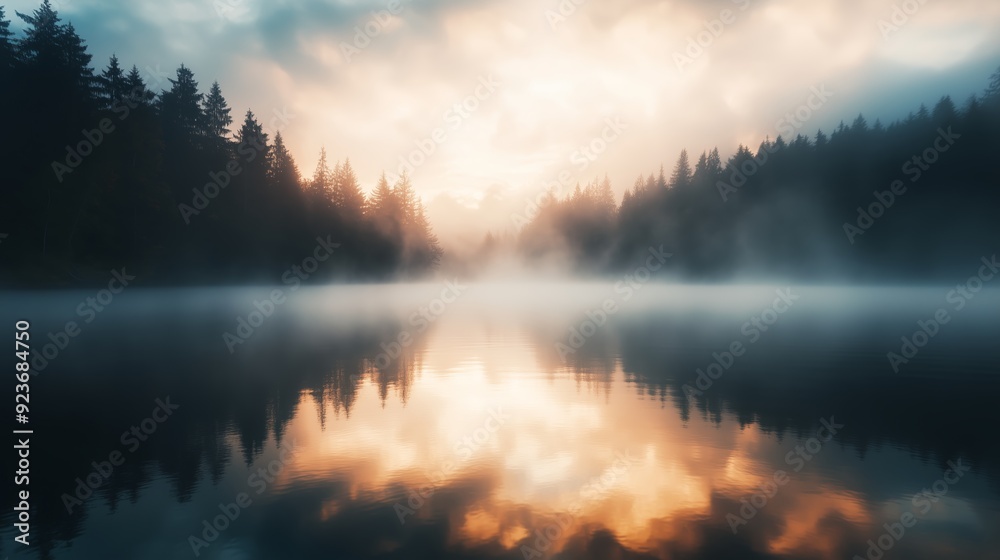 Serene sunrise over a foggy lake surrounded by evergreen trees in the early morning light Serene sunrise over a foggy lake surrounded by evergreen trees in the early morning light