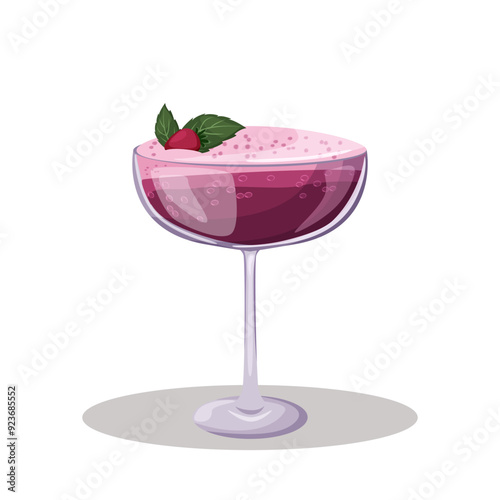 Summer cocktail. Refreshing drink with berries, strawberry and mint in a glass. Beach holidays, summer vacation, party, cafe, bar. Alcoholic cocktail. Isolated vector illustration