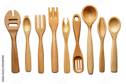 Set of wooden kitchen utensils including spoons cut out transparent isolated on white background PNG