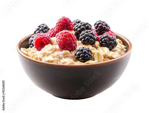 A bowl of oatmeal topped with fresh mixed berries cut out transparent isolated on white background PNG photo