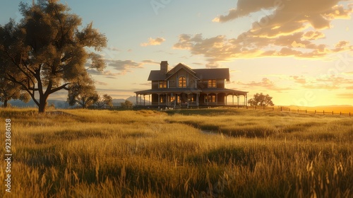 A rustic wooden house stands on a field of golden grass at sunset, with a beautiful sky filled with clouds. photo