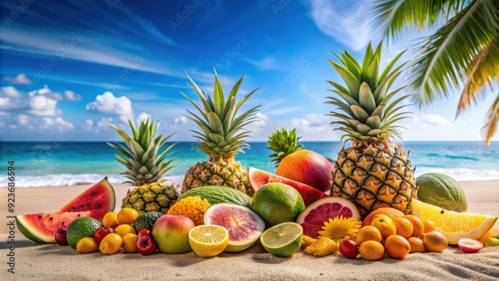 Tropical fruits scattered on a sandy beach on a sunny day , exotic, abundance, vibrant, fresh, colorful, summer, beach, sand Tropical fruits scattered on a sandy beach on a sunny day , exotic, abundance, vibrant, fresh, colorful, summer, beach, sand