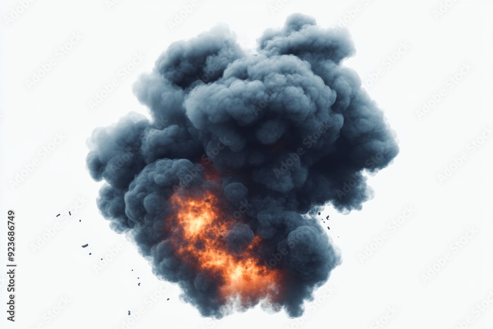 Powerful Explosion with billowing Black Smoke on a Pure White Background, Capturing the Intensity of a Momentous Event in Searing Detail. Powerful Explosion with billowing Black Smoke on a Pure White Background, Capturing the Intensity of a Momentous Event in Searing Detail.