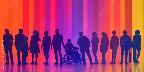 illustration diversity inclusion unity equality diverse people group silhouette vibrant gradient background variety ages genders abilities disabled disability wheelchair colorful