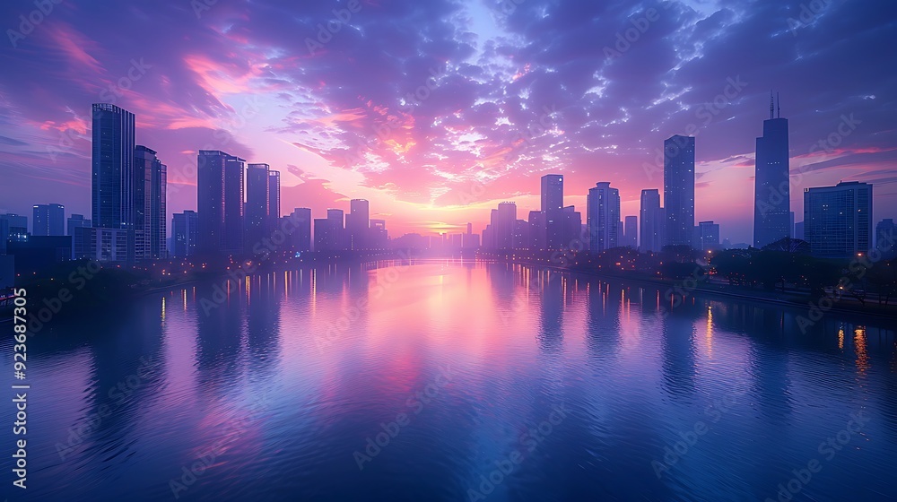 Dusk falls over a modern city with a skyline in pastel hues of peach, lavender, and light blue. A calm river reflects the tranquil cityscape. Wide-angle shot, hd quality, natural look. Dusk falls over a modern city with a skyline in pastel hues of peach, lavender, and light blue. A calm river reflects the tranquil cityscape. Wide-angle shot, hd quality, natural look.