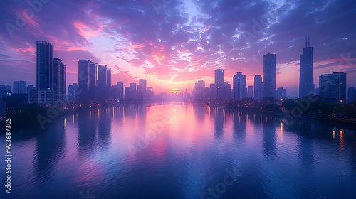 Wallpaper Mural Dusk falls over a modern city with a skyline in pastel hues of peach, lavender, and light blue. A calm river reflects the tranquil cityscape. Wide-angle shot, hd quality, natural look. Torontodigital.ca