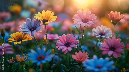 Enchanting garden with pastel-colored flowers in pink, yellow, blue, and purple. A serene atmosphere with soft sunlight and gentle shadows. Wide-angle shot capturing the vibrant scene, hd quality,