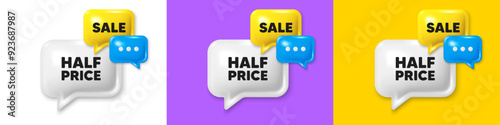 Chat speech bubble 3d icons. Half Price tag. Special offer Sale sign. Advertising Discounts symbol. Half price chat text box. Speech bubble banner. Offer box balloon. Vector